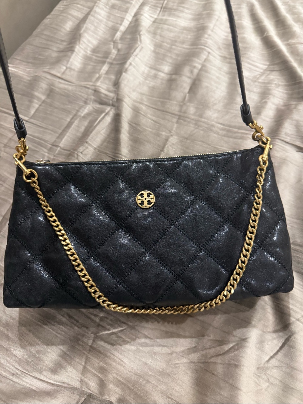 Tory Burch Black Quilted Shoulder Bag with Gold Chain Accent